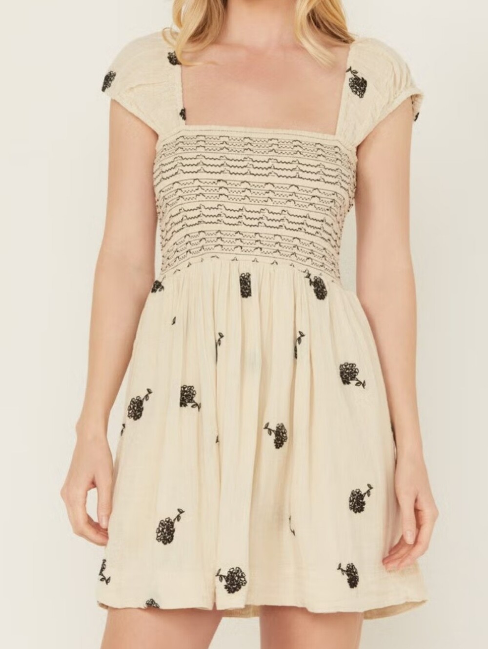 NWT Free People Cream Mini Dress with Black Floral Embroidery